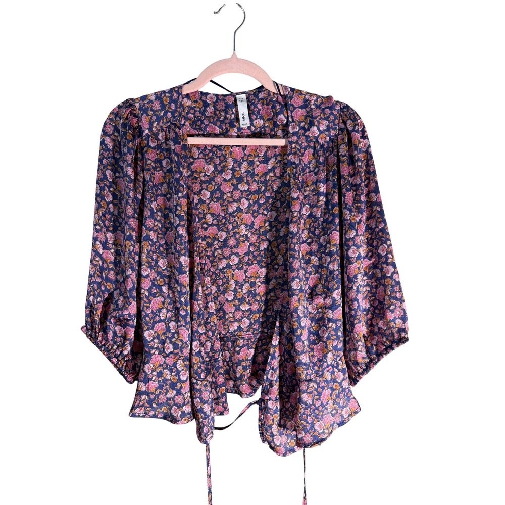 Mango MNG Floral Wrap Blouse Pink Blue 3/4 Puff Sleeve V-Neck Top XL 34034